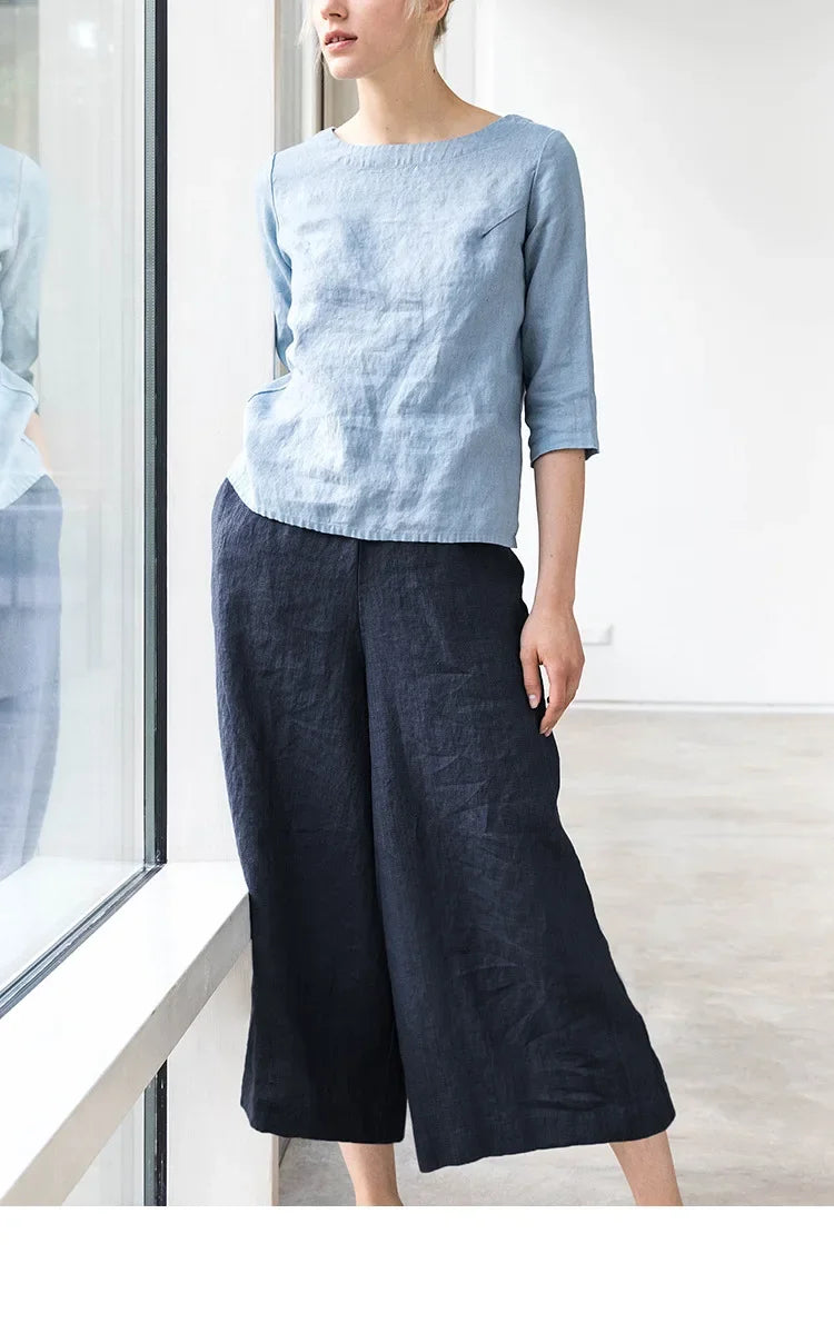 Pantalones de Lino para Mujer de Pierna Ancha con Cintura Elástica y Corte al Tobillo