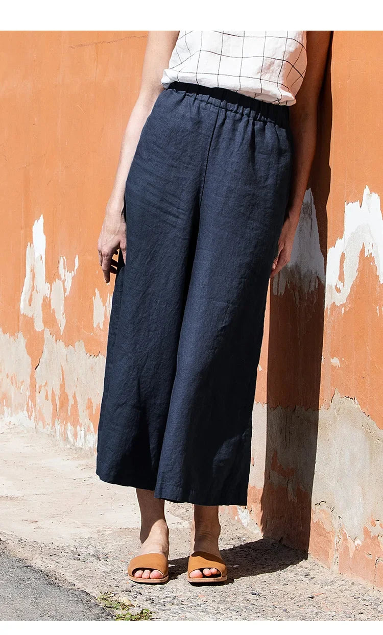 Pantalones de Lino para Mujer de Pierna Ancha con Cintura Elástica y Corte al Tobillo