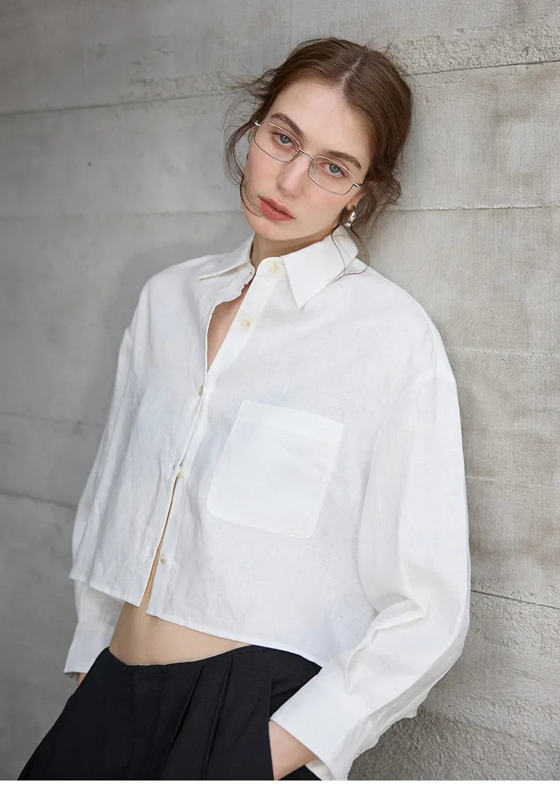 Sobrecamisa de Lino Corta para Mujer de Corte Oversize con Cuello en V y Botones