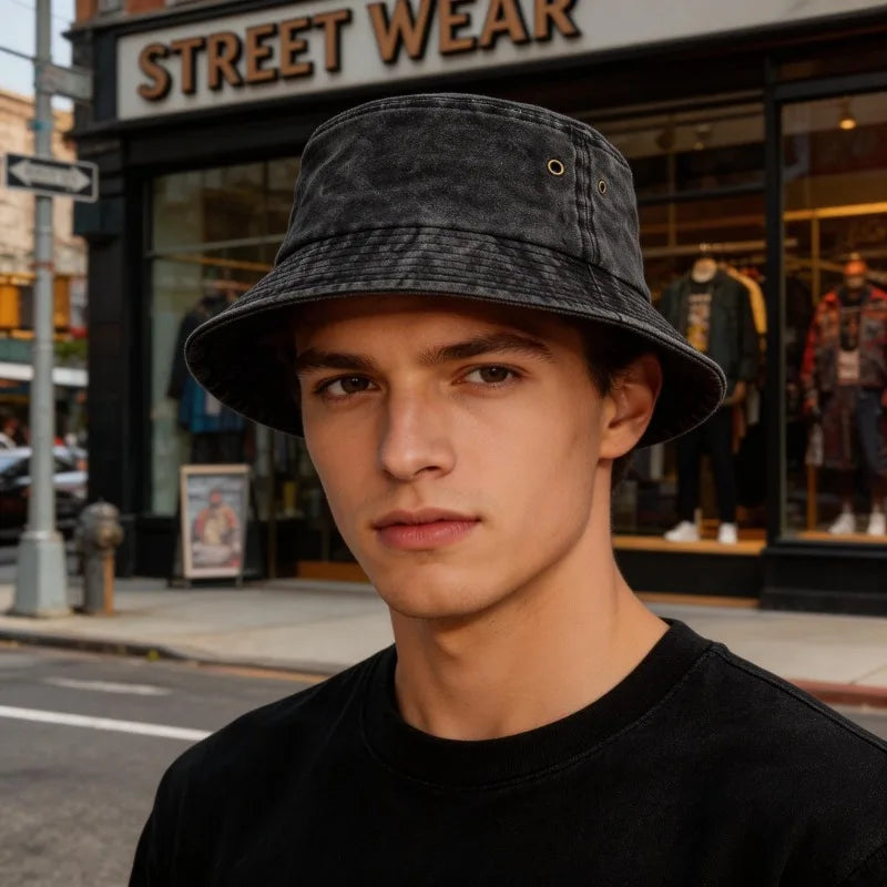 Unisex bavlněný vypraný rybářský klobouk na slunce, neformální bucket hat