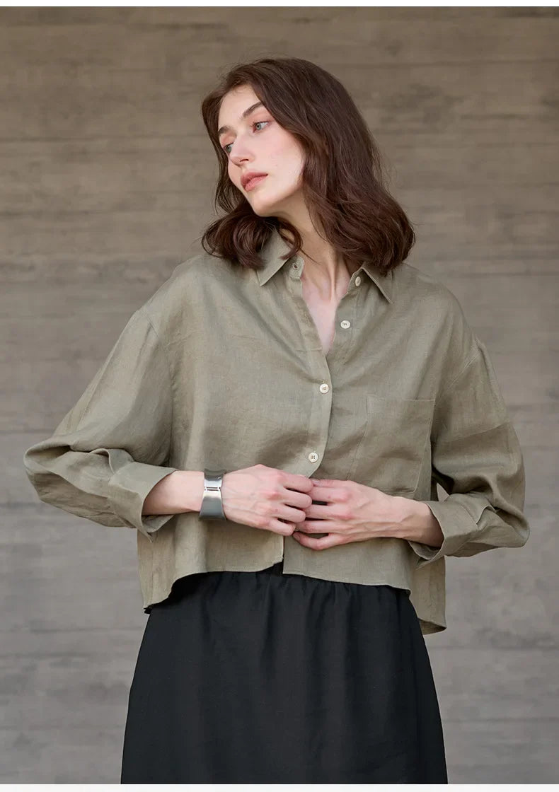Sobrecamisa de Lino Corta para Mujer de Corte Oversize con Cuello en V y Botones
