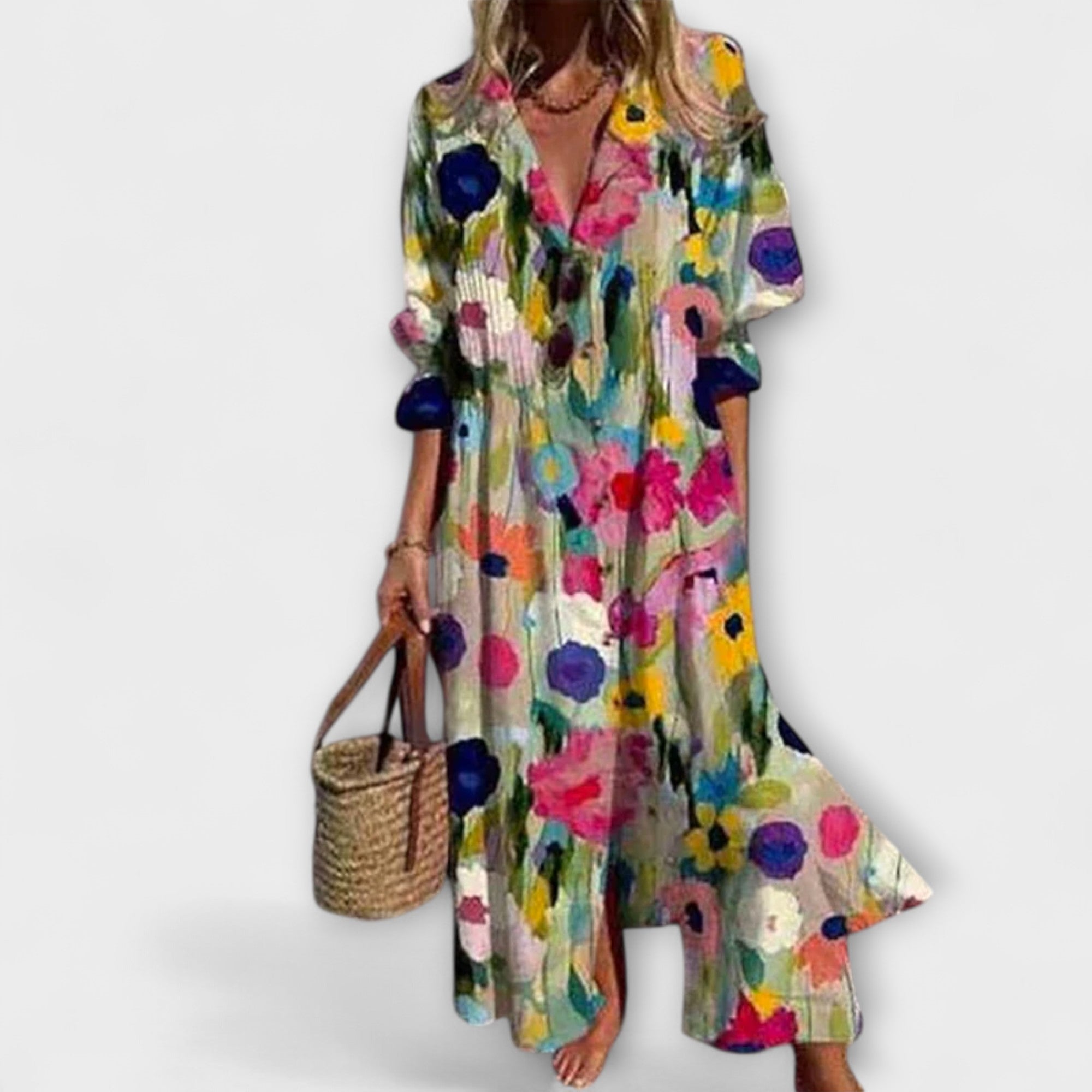 Robe chemise longue pour femme avec imprimé feuilles et manches bouffantes