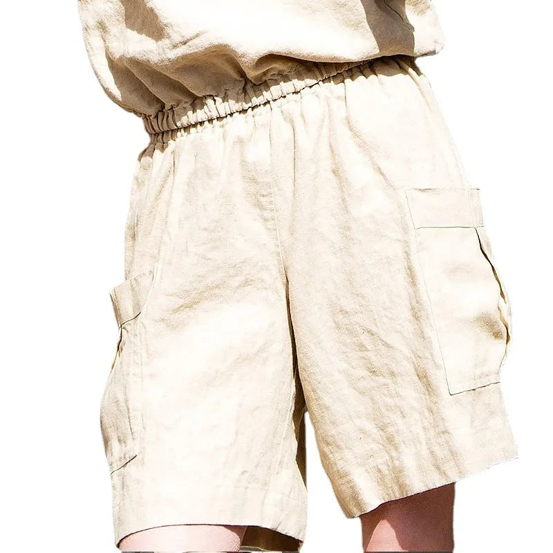 Pantalones Cortos de Lino para Mujer Estilo Cargo con Cintura Alta Elástica