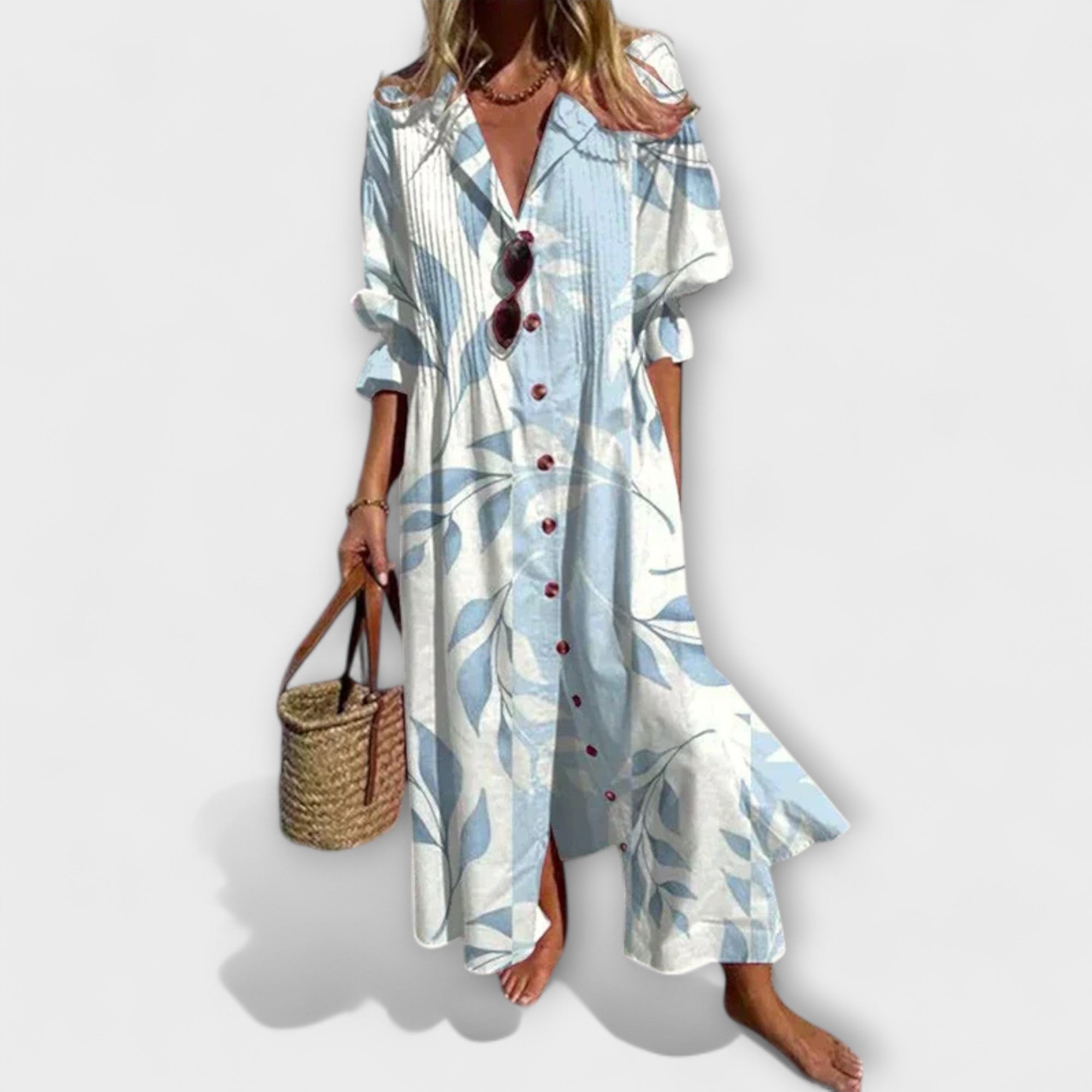 Robe chemise longue pour femme avec imprimé feuilles et manches bouffantes