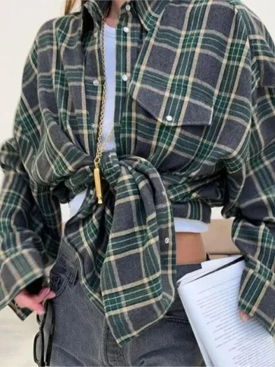 Γυναικείο flannel πουκάμισο με καρό, μακρύ μανίκι, κουμπιά και τσέπες