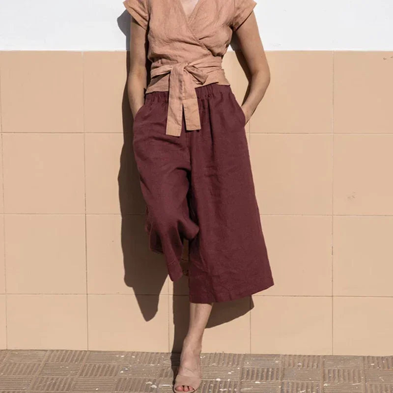Pantalones de Lino para Mujer de Pierna Ancha con Cintura Elástica y Corte al Tobillo