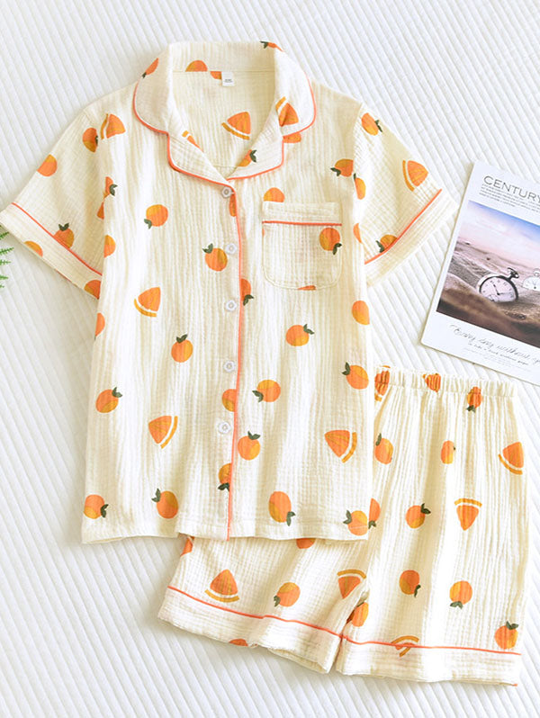 Cotton Pajama Set with Short Sleeve Shirt and Bottoms for Women