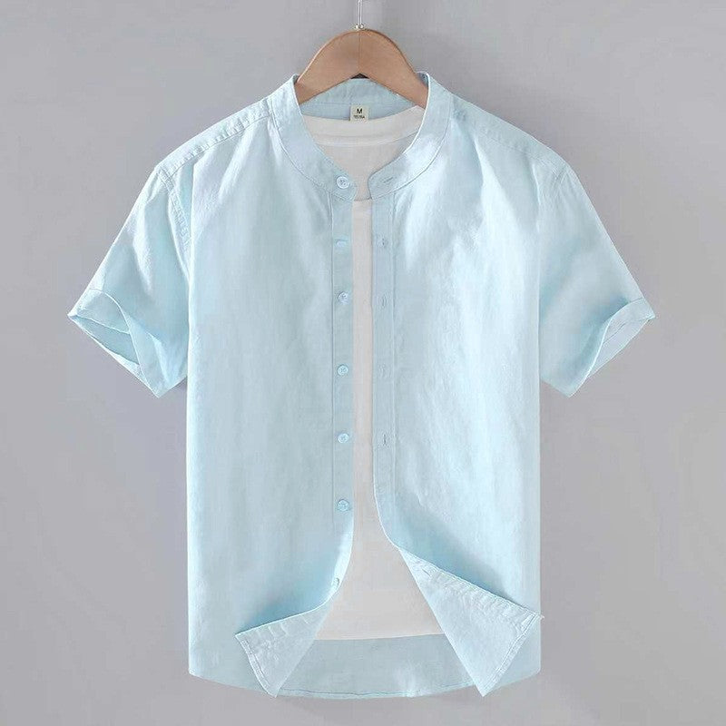 Chemise en lin homme — col mao manches courtes — vêtements décontractés plage