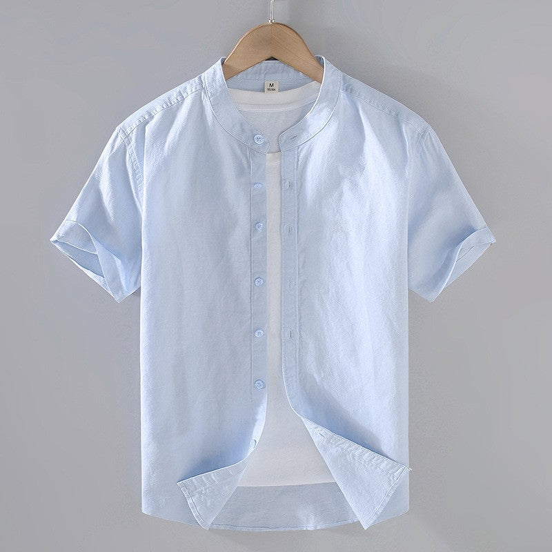 Chemise en lin homme — col mao manches courtes — vêtements décontractés plage