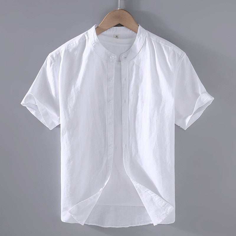 Chemise en lin homme — col mao manches courtes — vêtements décontractés plage