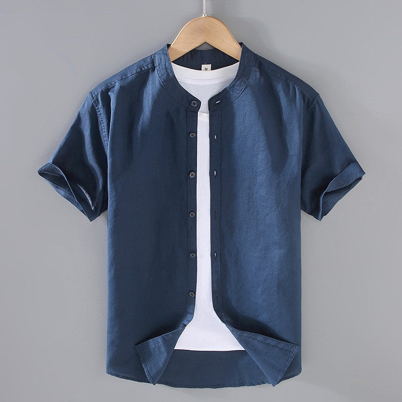 Chemise en lin homme — col mao manches courtes — vêtements décontractés plage