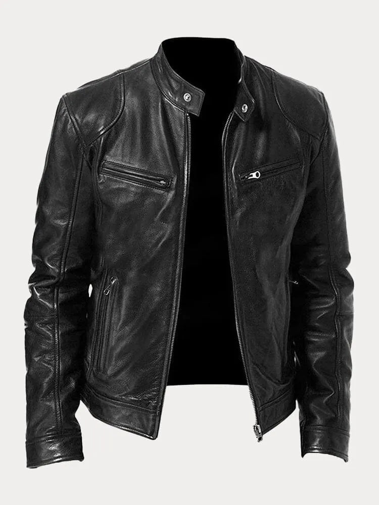 Chaqueta de Cuero Sintético para Hombre con Cuello Alto y Cremalleras Laterales