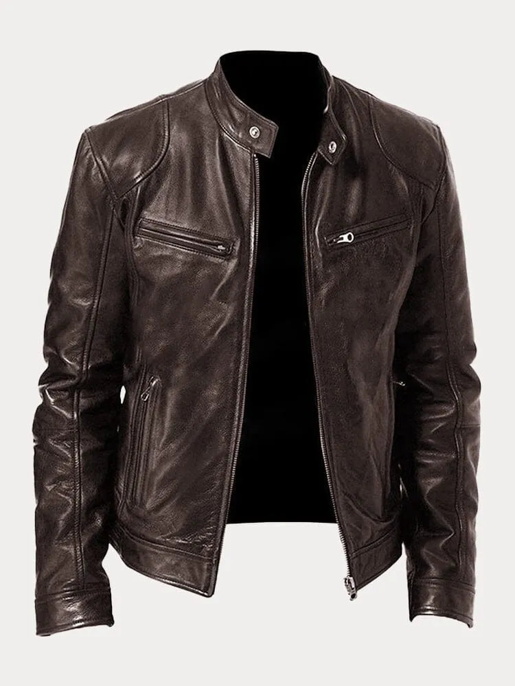 Chaqueta de Cuero Sintético para Hombre con Cuello Alto y Cremalleras Laterales