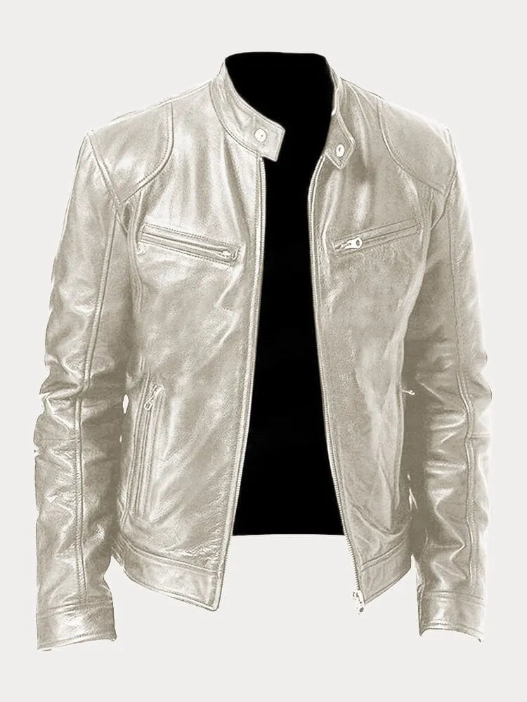 Chaqueta de Cuero Sintético para Hombre con Cuello Alto y Cremalleras Laterales