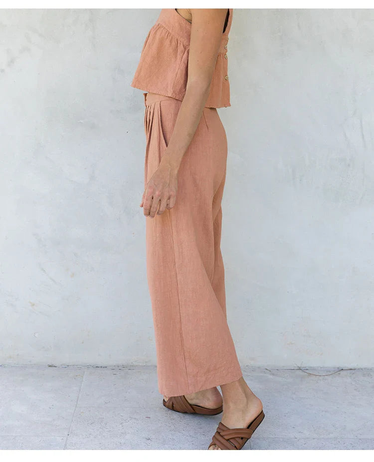 Culotte di lino da donna con vita alta e pieghe frontali