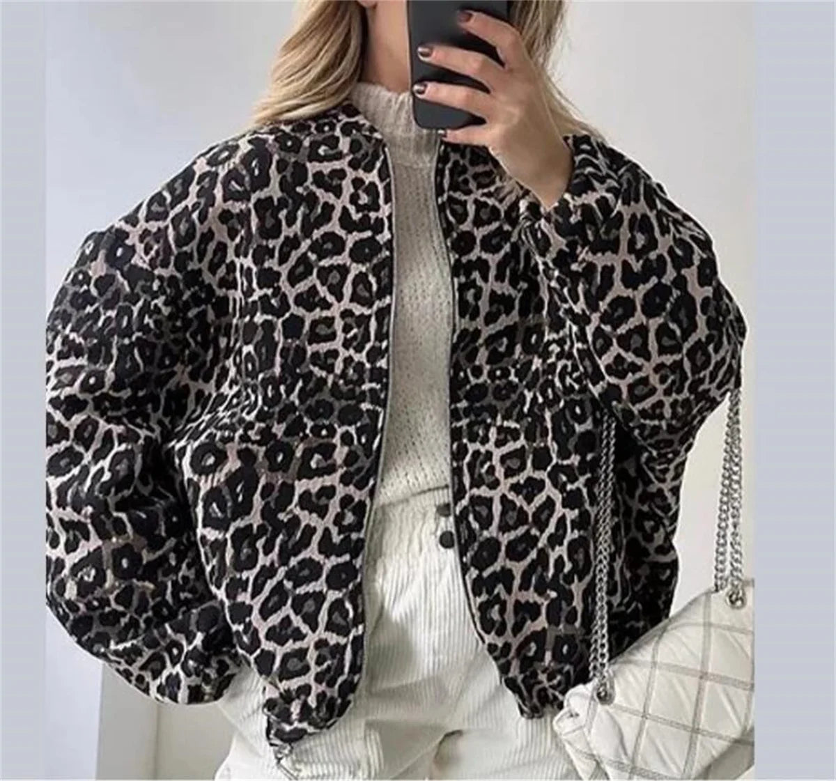 Veste Bomber Femme à Imprimé Léopard avec Fermeture Éclair Frontale