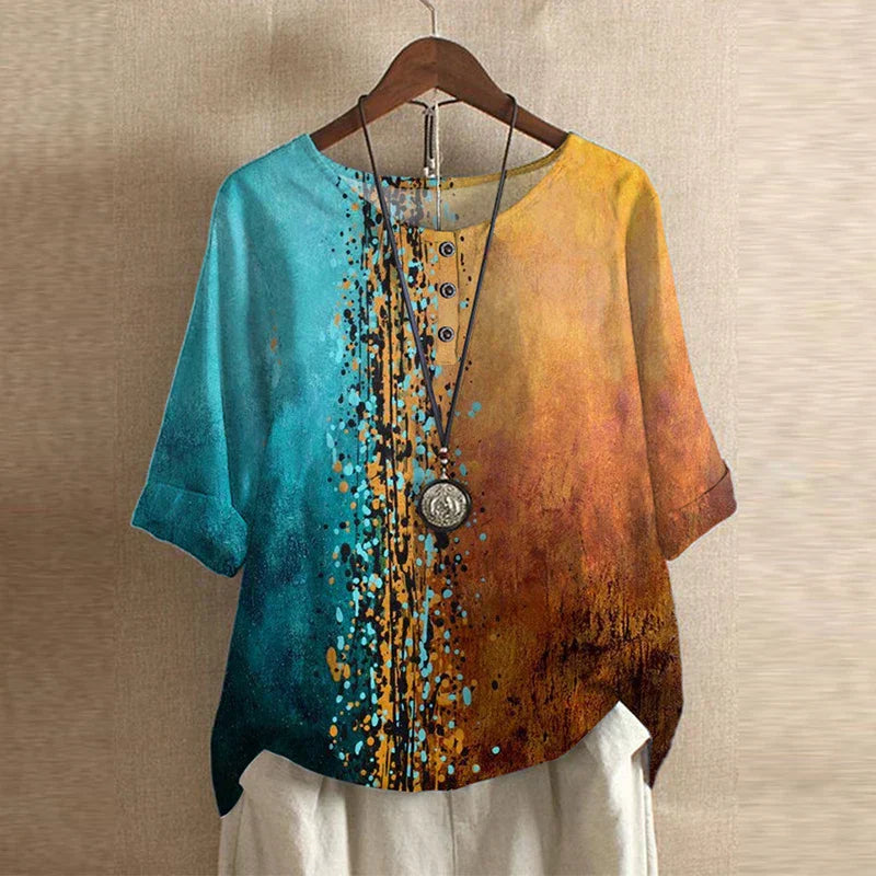 Blusa stampata in stile retrò con collo rotondo e bottoni per donna
