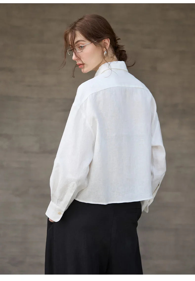 Sobrecamisa de Lino Corta para Mujer de Corte Oversize con Cuello en V y Botones