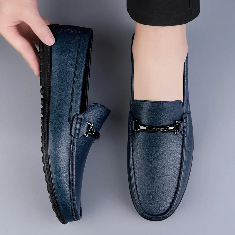 Men's Genuine Leather Driving Slip-On Loafers with Rubber Sole