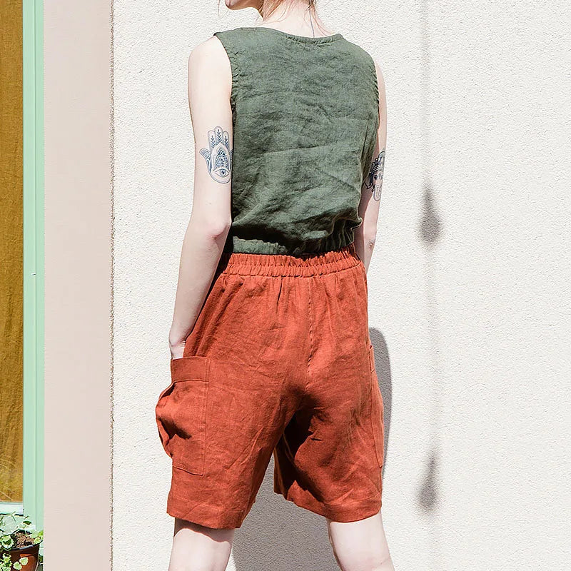 Pantalones Cortos de Lino para Mujer Estilo Cargo con Cintura Alta Elástica