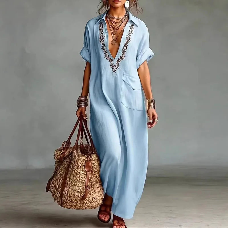 Rochie kimono lungă pentru femei cu decolteu brodat — plajă