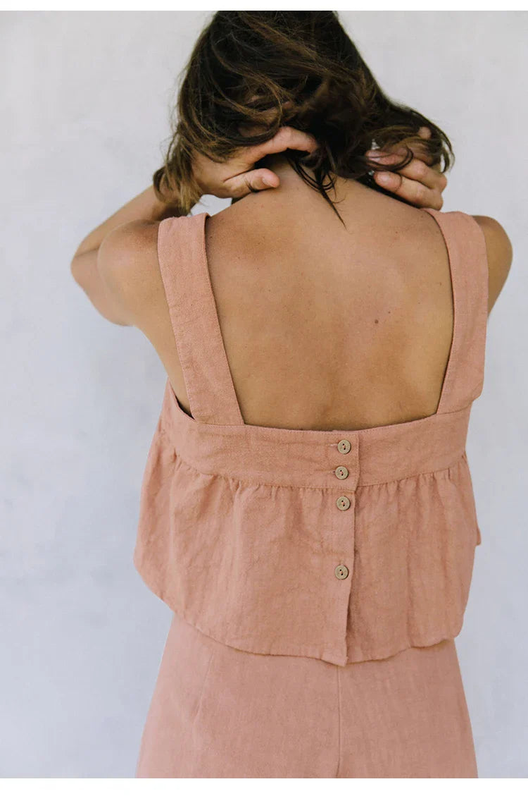 Culotte di lino da donna con vita alta e pieghe frontali