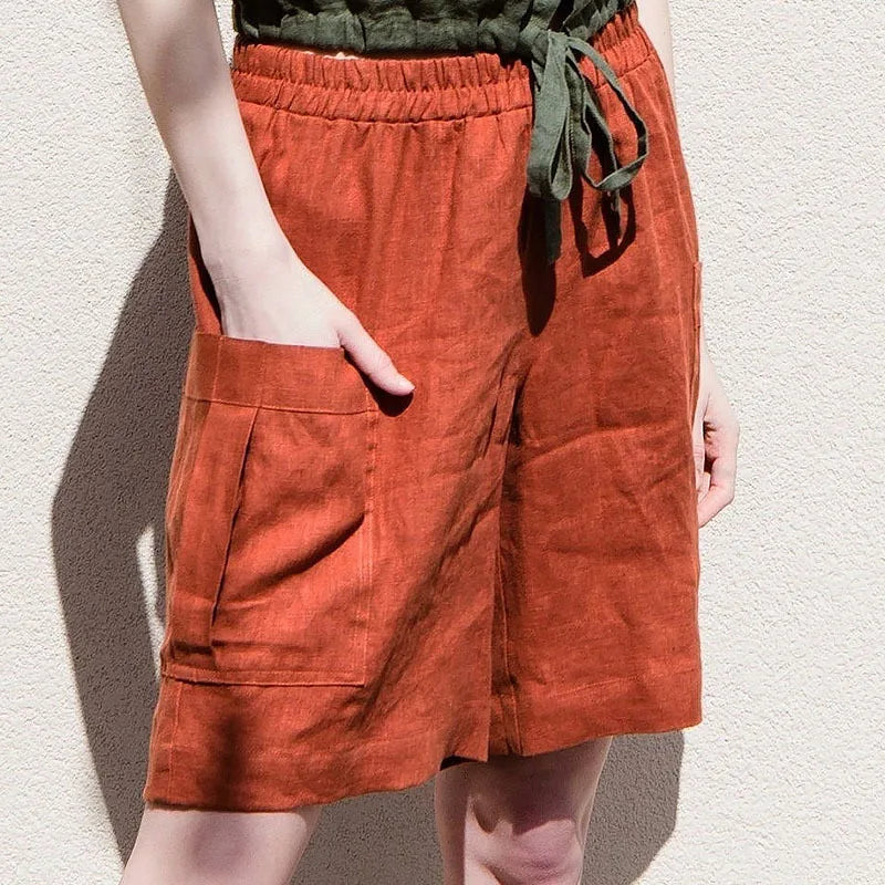 Pantalones Cortos de Lino para Mujer Estilo Cargo con Cintura Alta Elástica