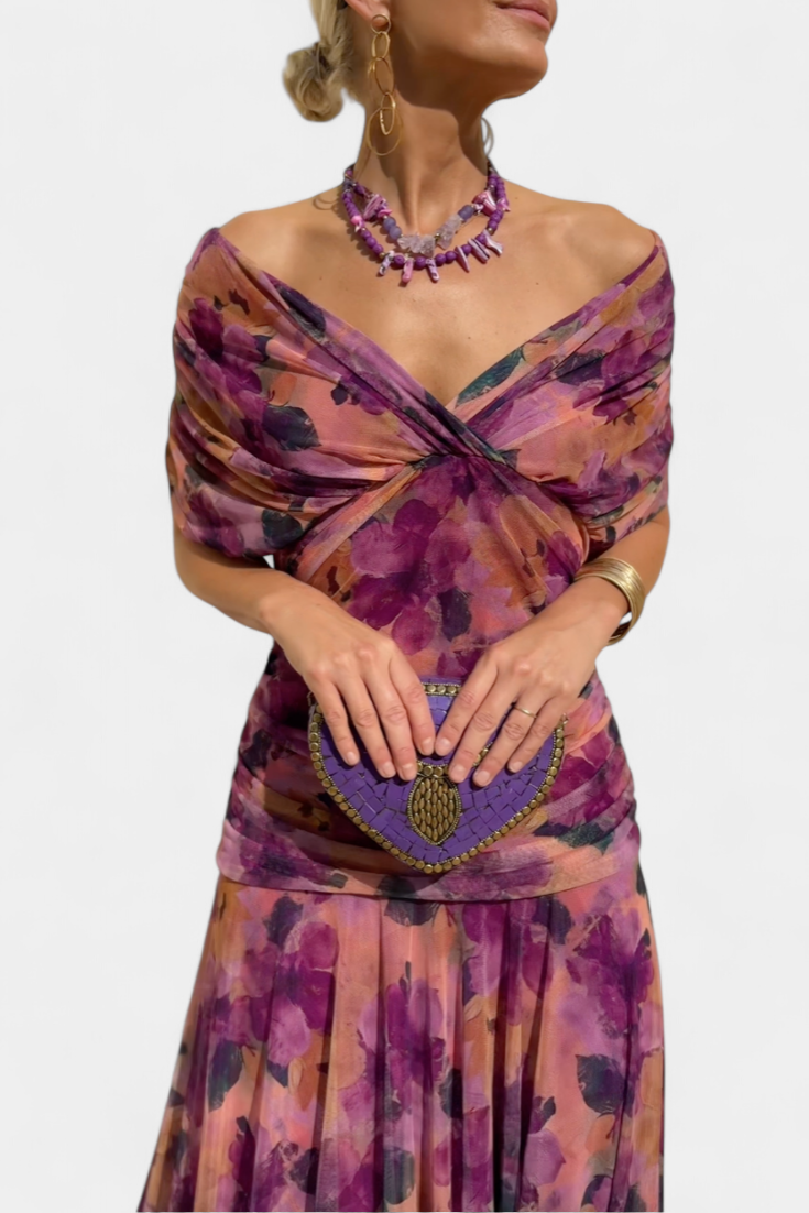 Vestido comprido para mulher — decote em V e corpo franzido — casamento