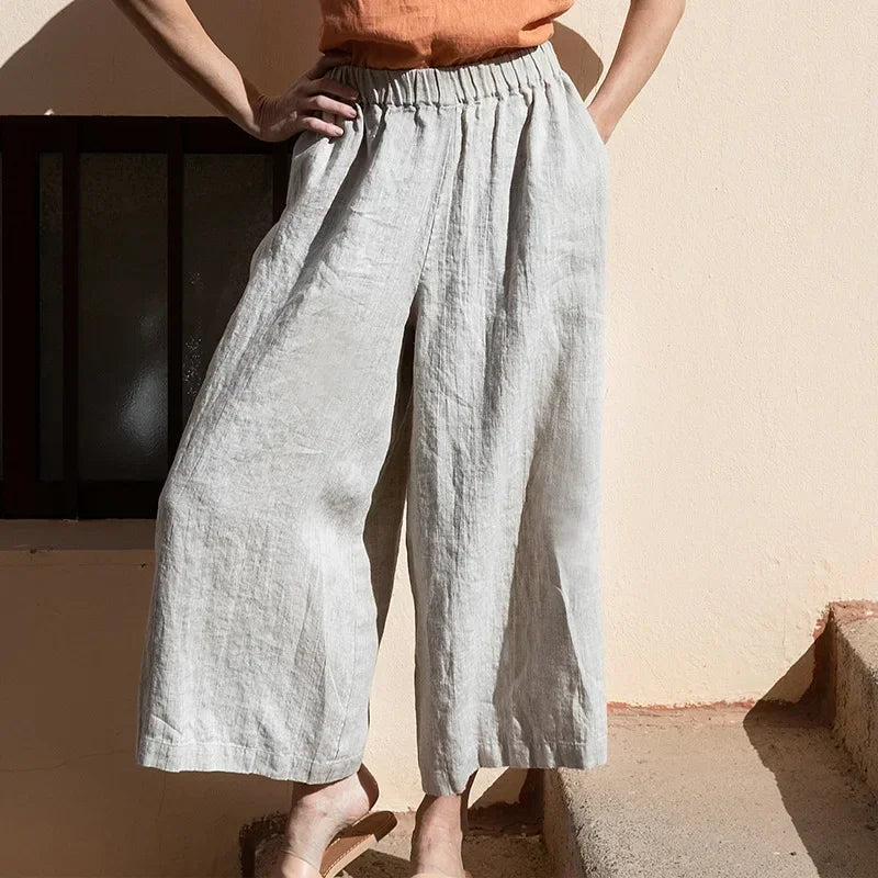 Pantalones de Lino para Mujer de Pierna Ancha con Cintura Elástica y Corte al Tobillo
