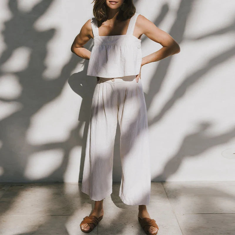Culotte di lino da donna con vita alta e pieghe frontali