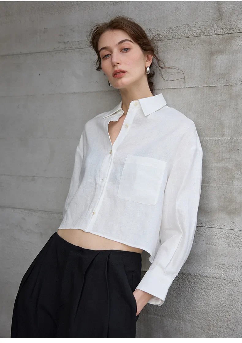 Sobrecamisa de Lino Corta para Mujer de Corte Oversize con Cuello en V y Botones