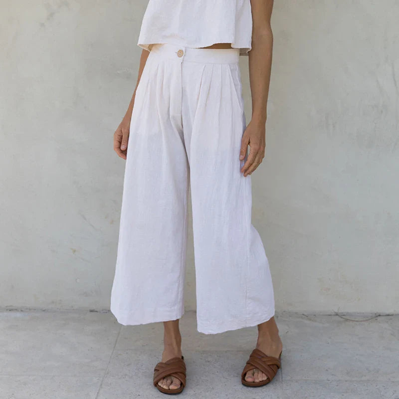 Culotte di lino da donna con vita alta e pieghe frontali