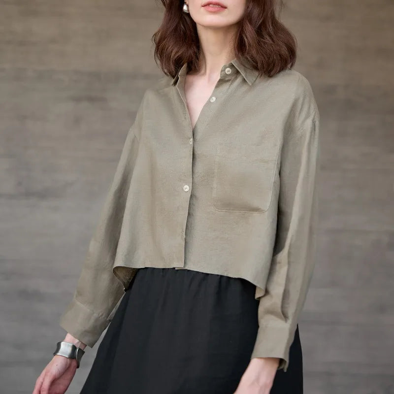 Sobrecamisa de Lino Corta para Mujer de Corte Oversize con Cuello en V y Botones