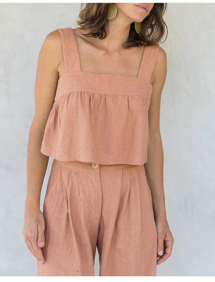 Culotte di lino da donna con vita alta e pieghe frontali