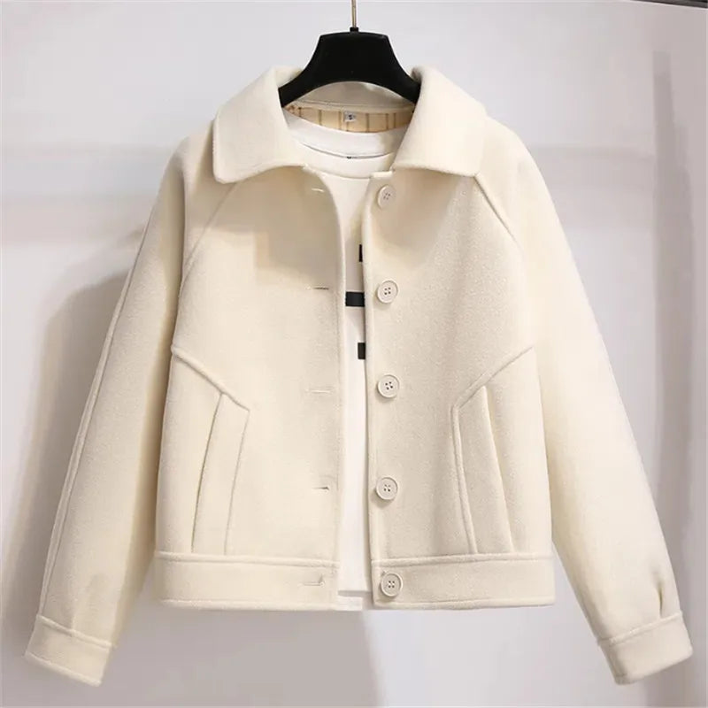 Wool Blend Jacket with Buttons and Shirt Collar for Women
