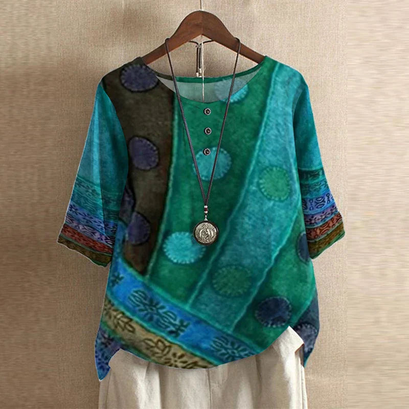 Blusa stampata in stile retrò con collo rotondo e bottoni per donna