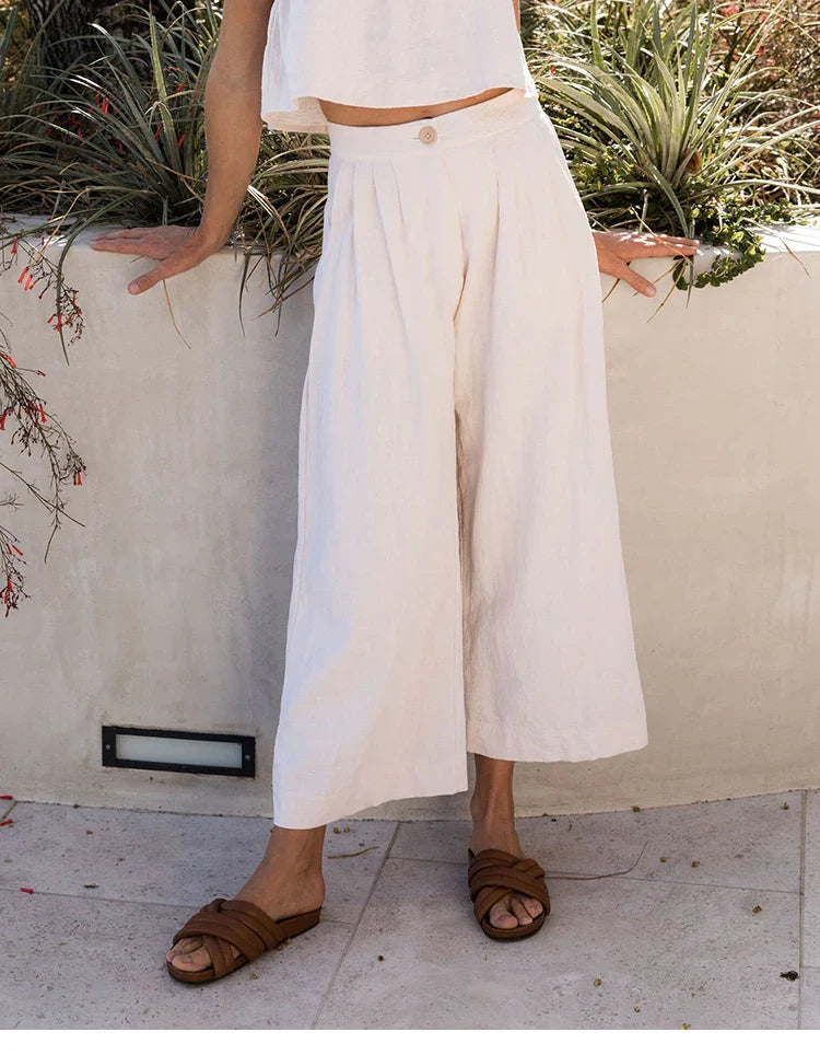 Culotte di lino da donna con vita alta e pieghe frontali