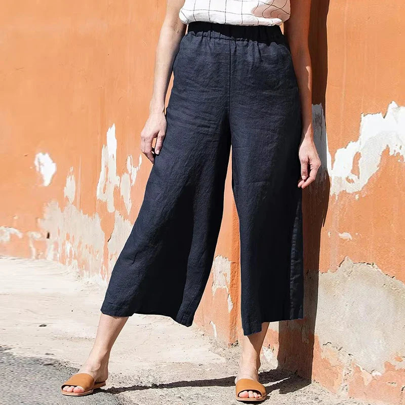 Pantalones de Lino para Mujer de Pierna Ancha con Cintura Elástica y Corte al Tobillo