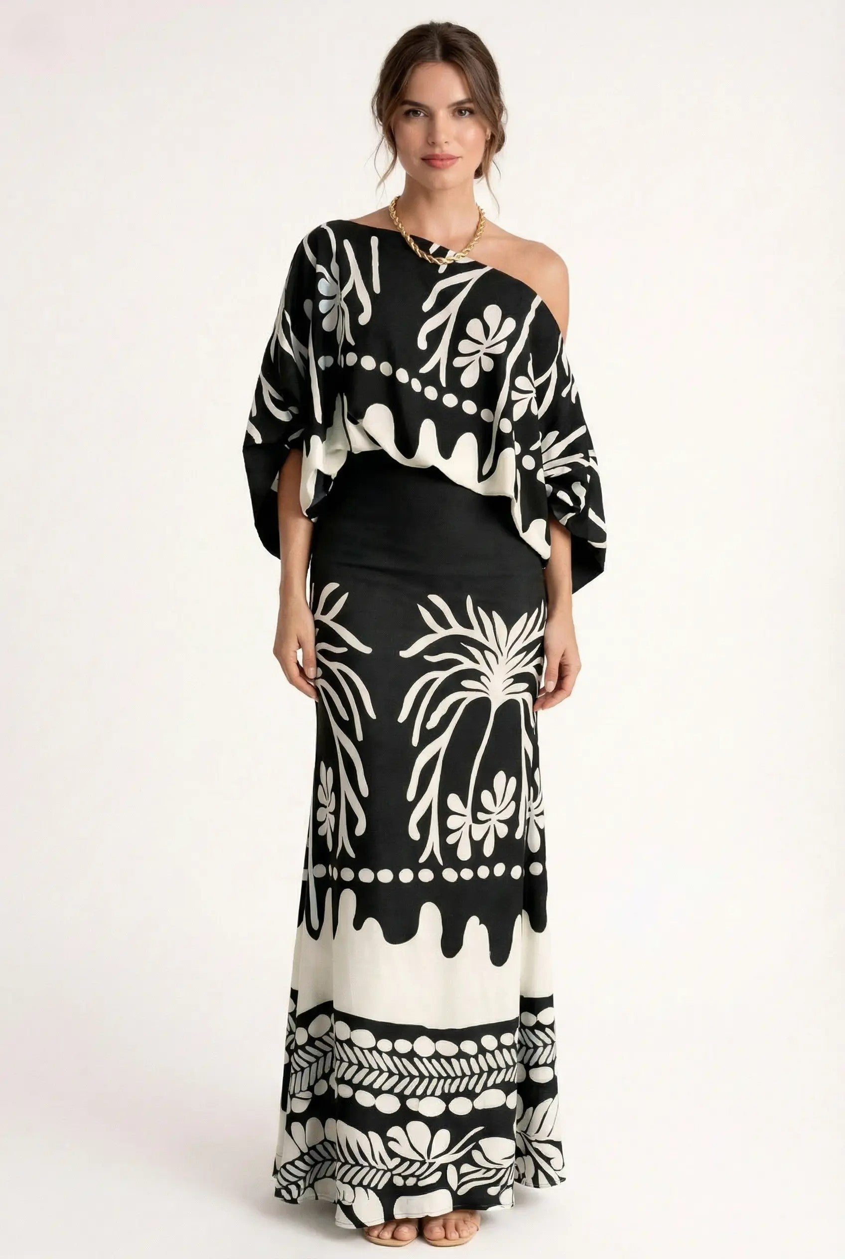 Two-Piece Women's Printed Blouse and Long Skirt Set