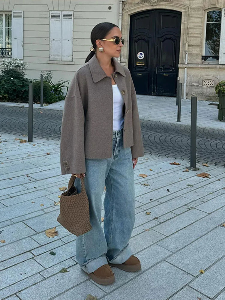 Chaqueta Corta de Mezcla de Lana con Cuello de Solapa y Mangas Oversize para Mujer