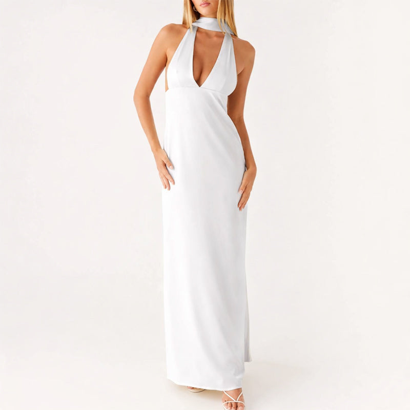 Fitted Long Polyester Dress with Halter Neck and Deep V-Neckline