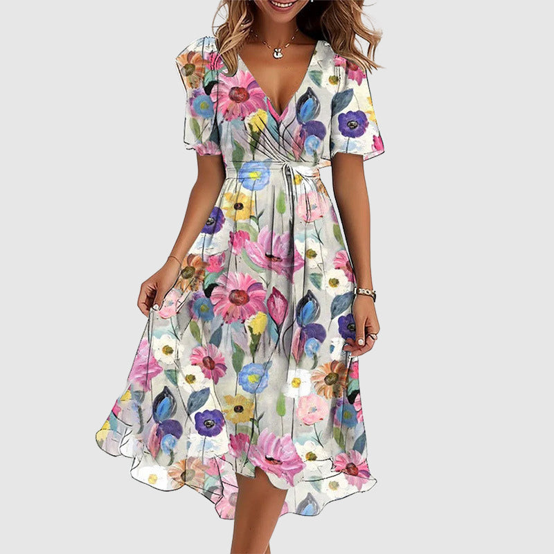 Robe longue en mélange de coton à imprimé multicolore et décolleté en V pour femme