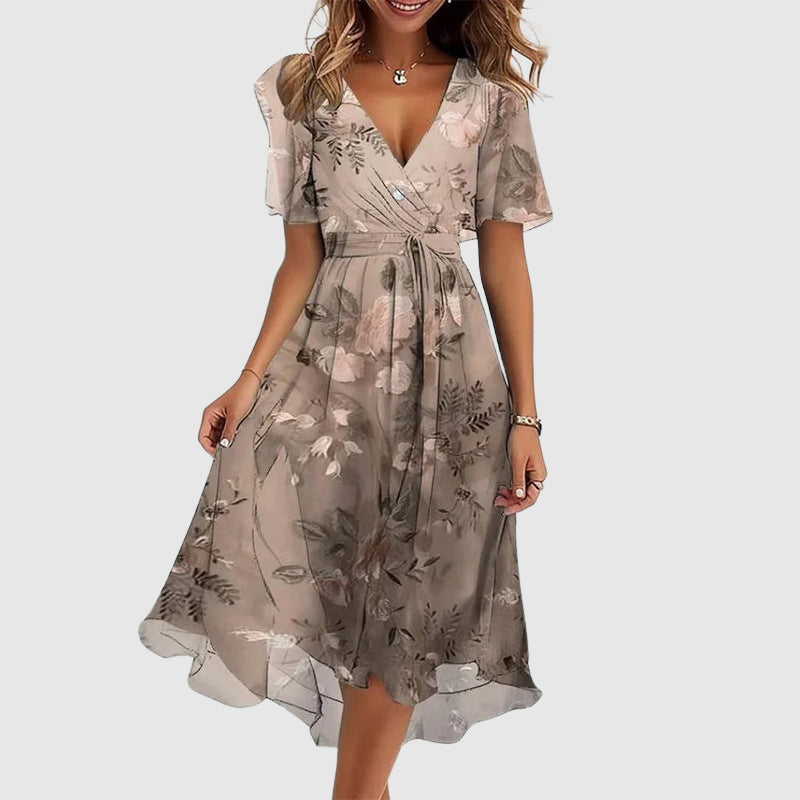 Vestido Largo de Mezcla de Algodón con Estampado Multicolor y Escote en V para Mujer