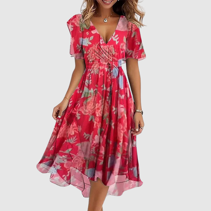 Robe longue en mélange de coton à imprimé multicolore et décolleté en V pour femme