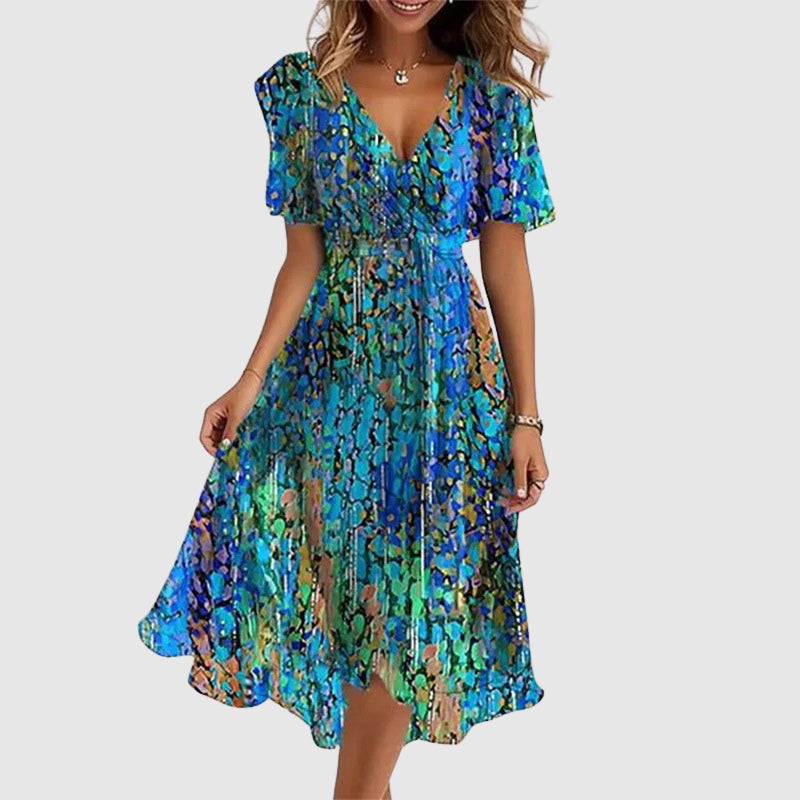Robe longue en mélange de coton à imprimé multicolore et décolleté en V pour femme