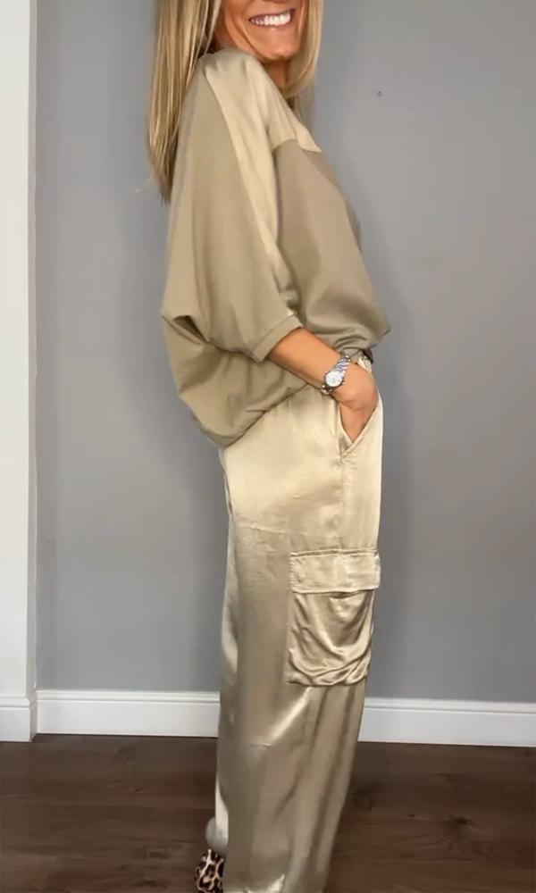 Completo in satin da donna con blusa a manica 3/4 e pantaloni con fiocco in vita
