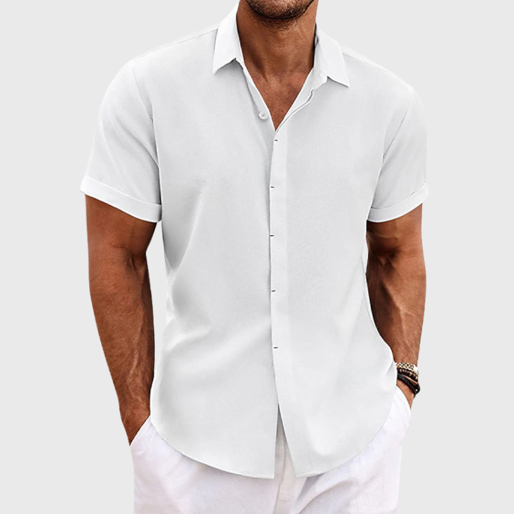 Men's Short Sleeve Linen Shirt with Collar and Buttons