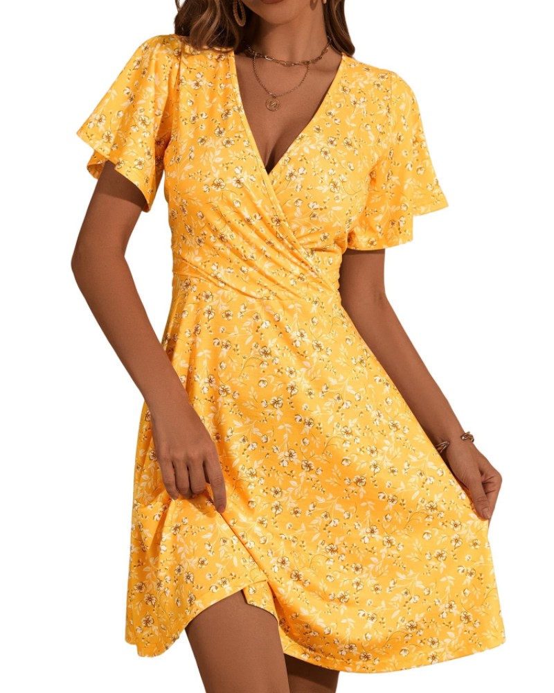 Vestido curto de mulher | corte cruzado | decote em V | para eventos de verão