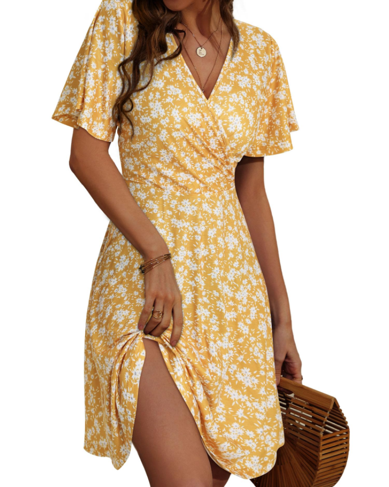 Vestido curto de mulher | corte cruzado | decote em V | para eventos de verão