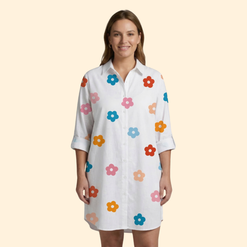 Vestido camisola de praia com estampado e manga comprida para mulher
